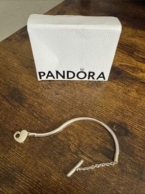 Pandora Silver Heart Clasp Snake Chain Bracelet with Safety Chain